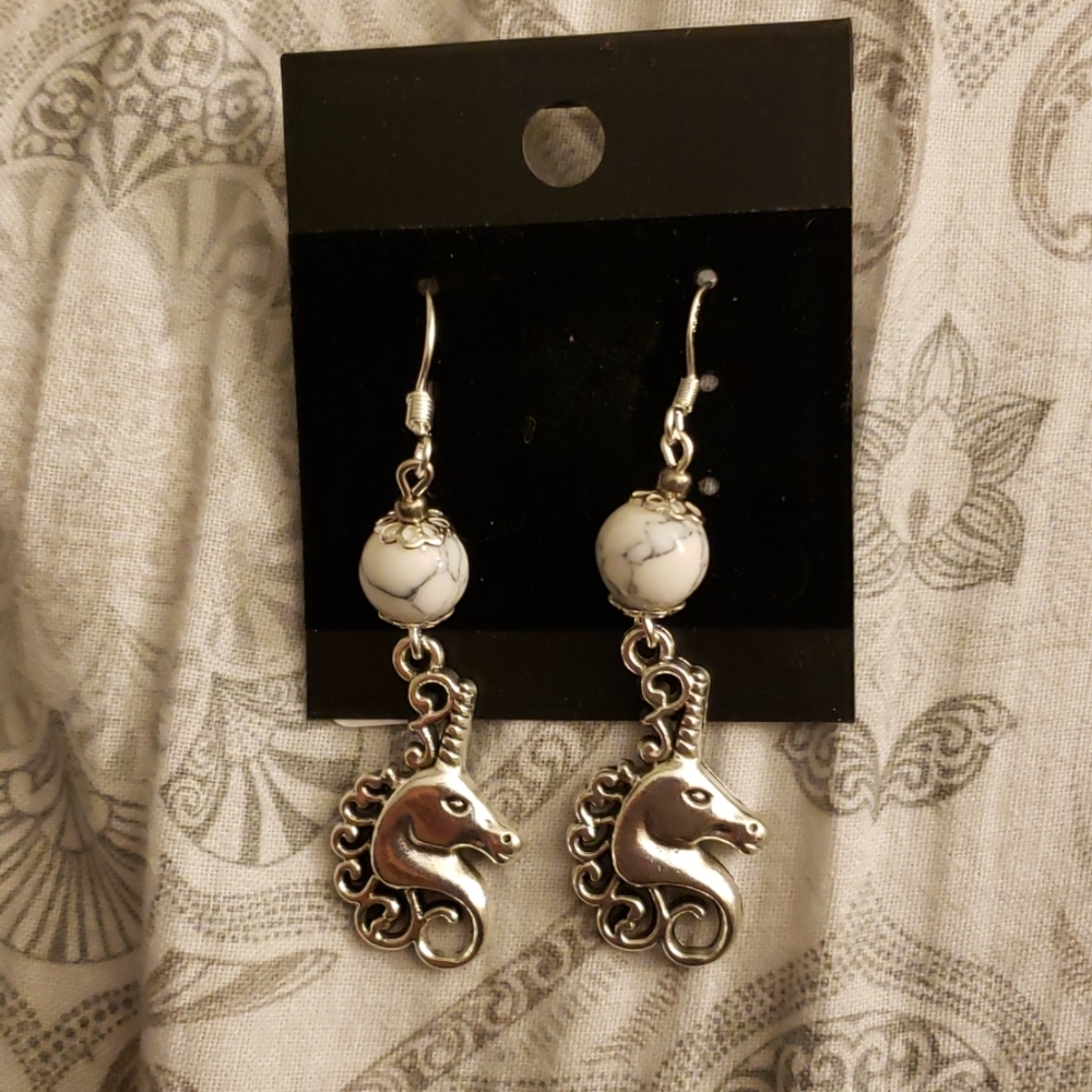White Agate Tibetan Silver Unicorn Earrings